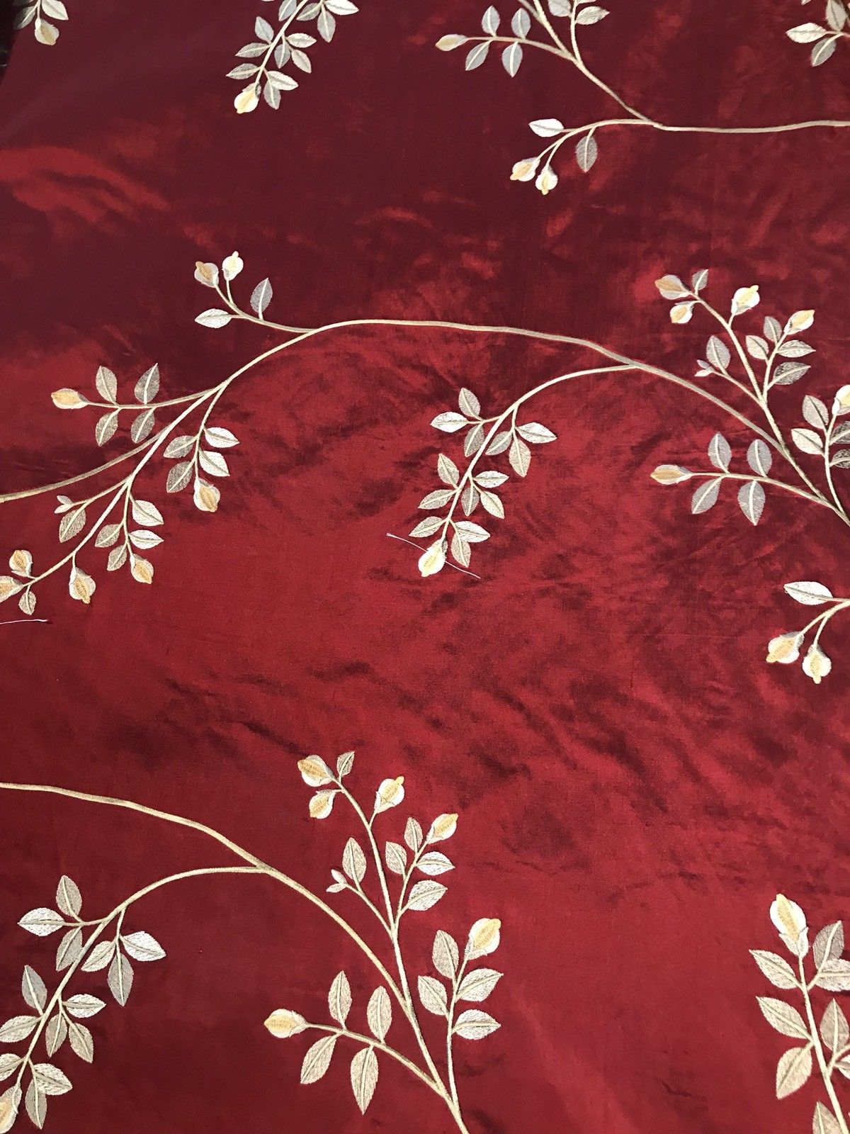 NEW! SALE! 100% Silk Taffeta Embroidered Floral Motif Fabric - Dark Red - Fancy Styles Fabric Boutique