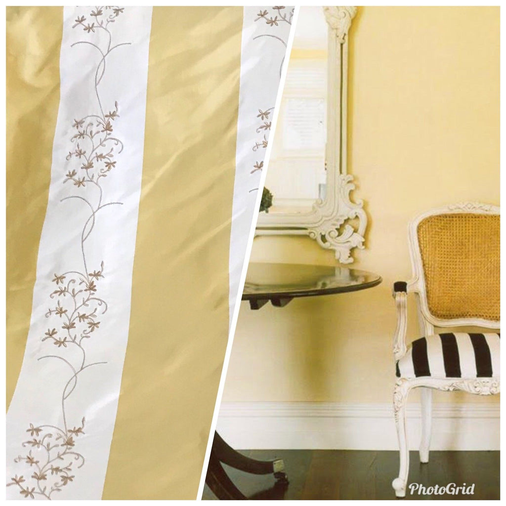 NEW! 100% Silk Taffeta Drapery Fabric Floral Embroidery Yellow White Stripe - Fancy Styles Fabric Pierre Frey Lee Jofa Brunschwig & Fils
