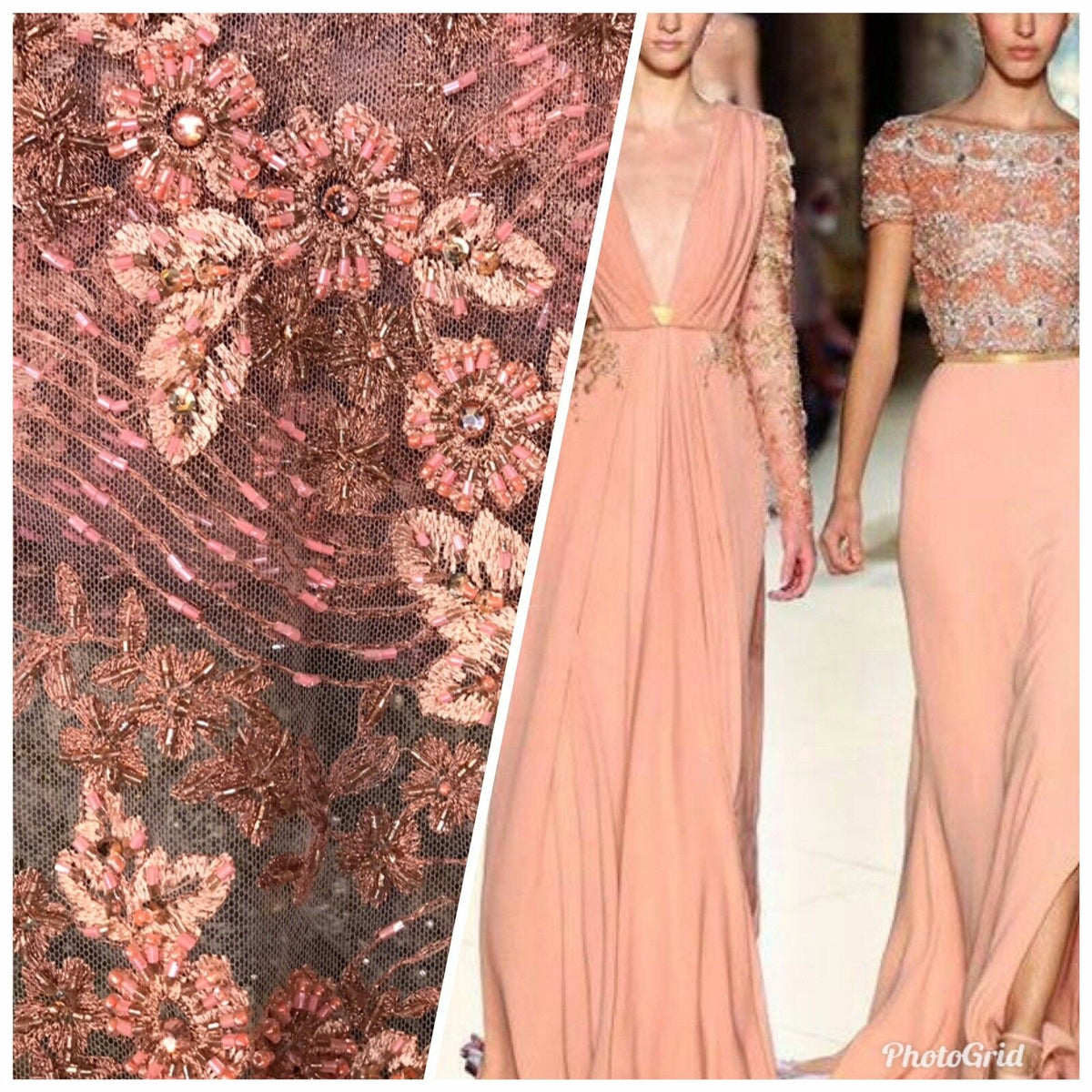 Beaded Peach & Coral Rhinestone Scalloped Edges Lace Mesh Floral Fabri www.fancystylesfabric.com Beaded Peach & Coral Rhinestone Scalloped Edges Lace Mesh Floral Fabri www.fancystylesfabric.com