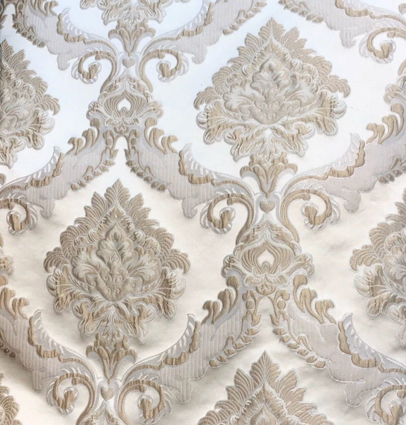 SWATCH Designer Brocade Satin Fabric - Taupe Ivory Floral Upholstery Damask - Fancy Styles Fabric Boutique