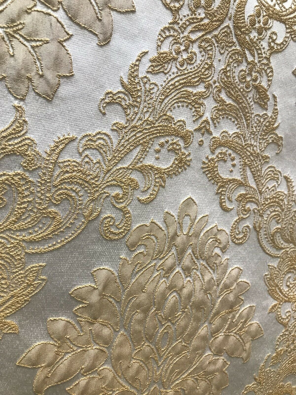Princess Gemma Designer Brocade Satin Fabric- Antique Gold And White - Upholstery Damask - Fancy Styles Fabric Pierre Frey Lee Jofa Brunschwig & Fils