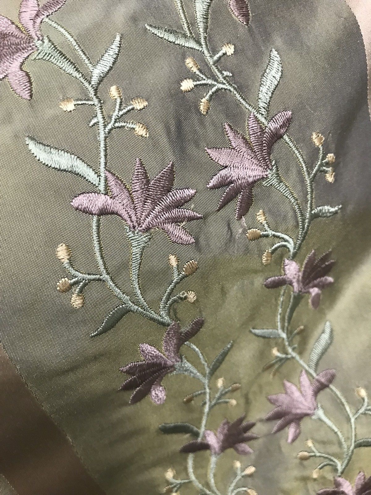 NEW! SALE! 100% Silk Taffeta Embroidered Fabric- Green With Lavender Floral - Fancy Styles Fabric Boutique