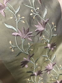 NEW! SALE! 100% Silk Taffeta Embroidered Fabric- Green With Lavender Floral - Fancy Styles Fabric Boutique