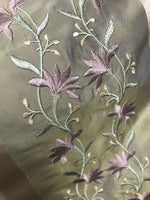 NEW! SALE! 100% Silk Taffeta Embroidered Fabric- Green With Lavender Floral - Fancy Styles Fabric Boutique