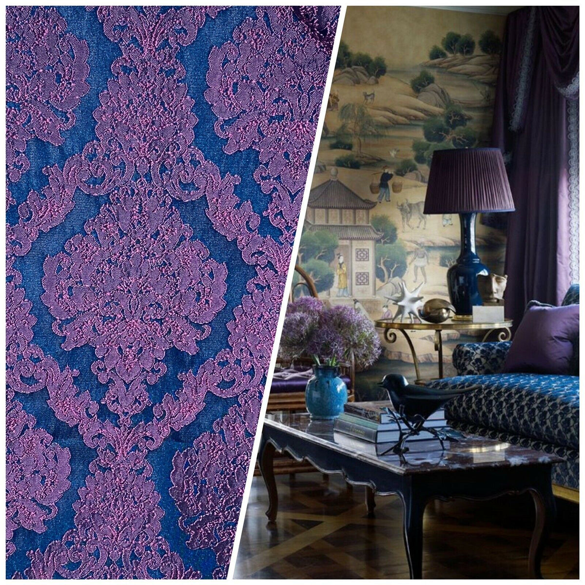 Fat Quarter- Style L- Princess Giselle Designer Damask Satin Drapery Upholstery Fabric - Fuchsia Pink & Navy Blue - Fancy Styles Fabric Pierre Frey Lee Jofa Brunschwig & Fils