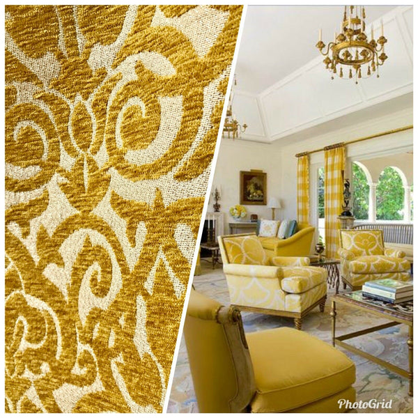 NEW! King Retro Swirl Pattern Chenille Fabric Upholstery Mustard Yellow - Fancy Styles Fabric Pierre Frey Lee Jofa Brunschwig & Fils