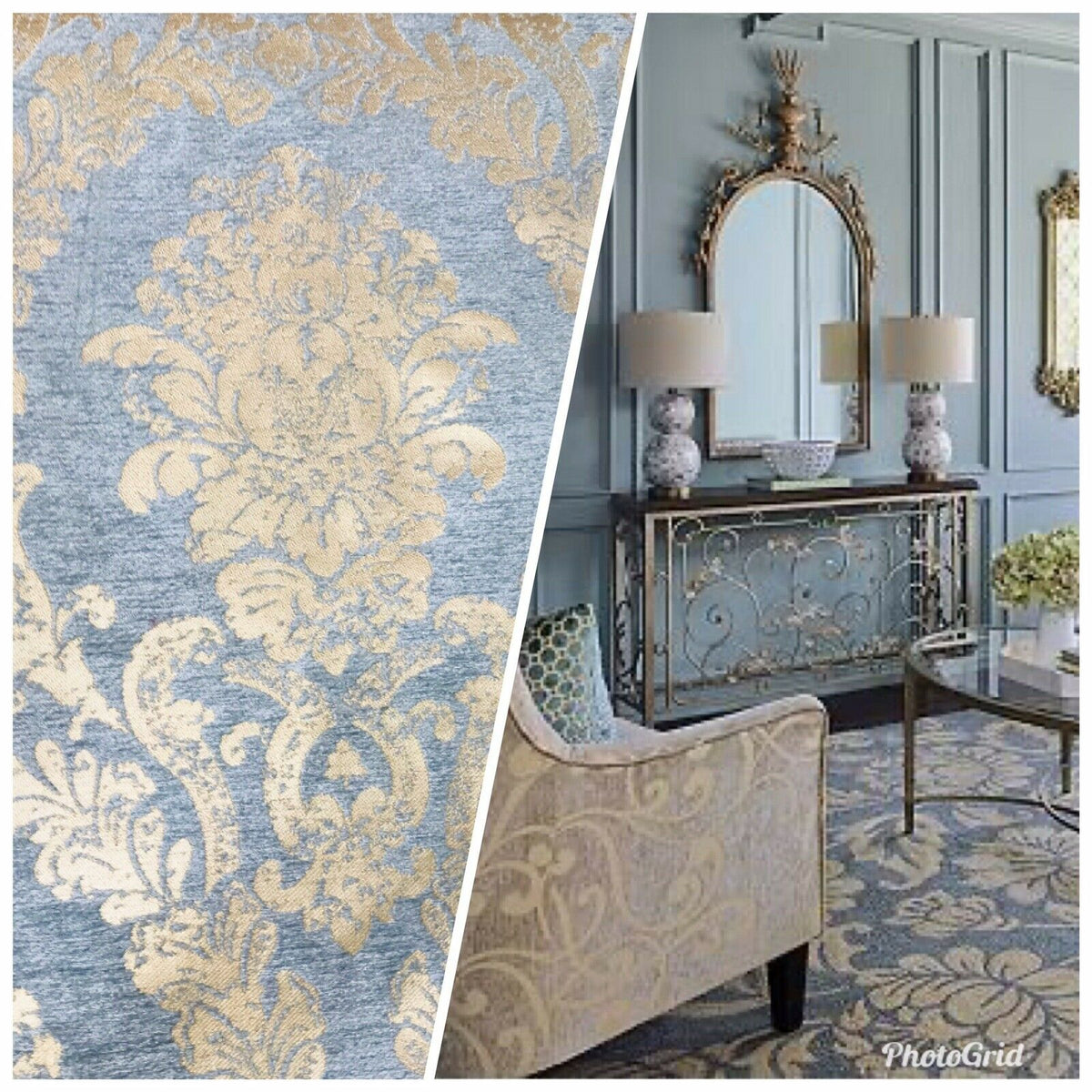Lord Augustin Designer Velvet Chenille Burnout Damask Upholstery Fabric - Blue & Gold - Fancy Styles Fabric Pierre Frey Lee Jofa Brunschwig & Fils