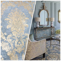 Lord Augustin Designer Velvet Chenille Burnout Damask Upholstery Fabric - Blue & Gold - Fancy Styles Fabric Pierre Frey Lee Jofa Brunschwig & Fils