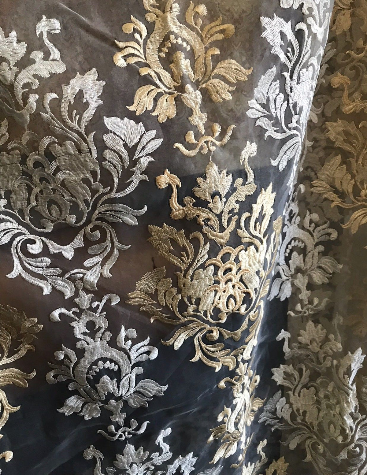 SALE 112” Wide Sheer Voile Drapery Fabric Interior Decorating- Taupe Embroidery - Fancy Styles Fabric Boutique