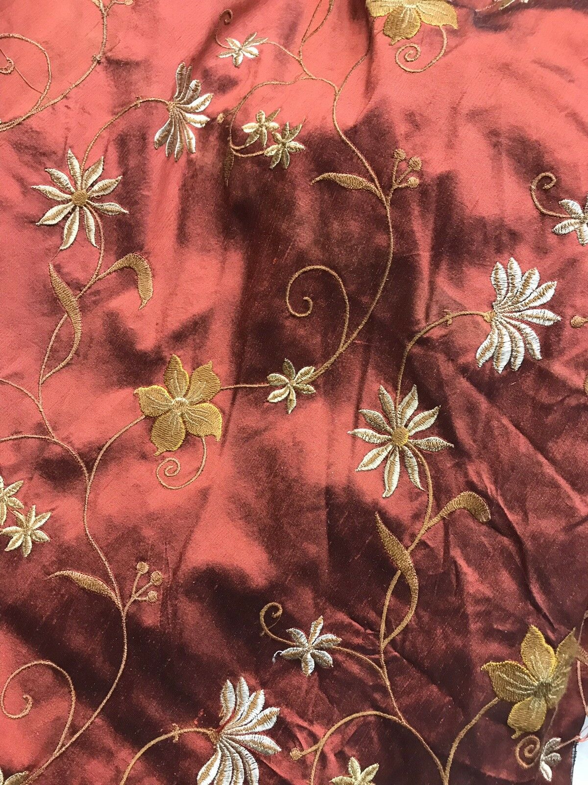 SALE! Designer 100% Silk Taffeta Embroidery Floral Fabric Rust Red- Textured - Fancy Styles Fabric Pierre Frey Lee Jofa Brunschwig & Fils