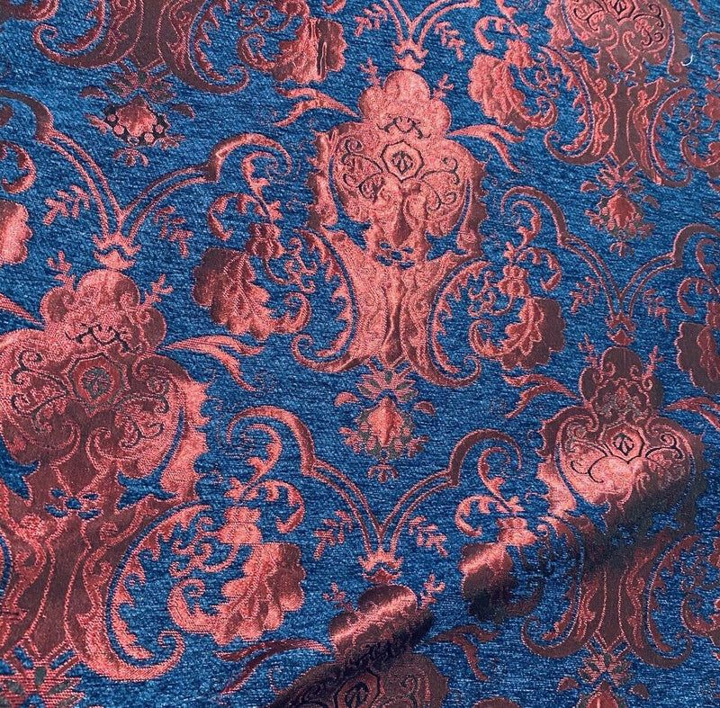 NEW Lady Emile Designer Damask Burnout Chenille Velvet Fabric - Blue & Metallic Red BTY - Fancy Styles Fabric Pierre Frey Lee Jofa Brunschwig & Fils