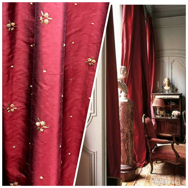 1 Yard Remnant- Queen Jane Beaded 100% Silk Dupioni Fabric - Red & Iridescent Black Tones - Fancy Styles Fabric Pierre Frey Lee Jofa Brunschwig & Fils