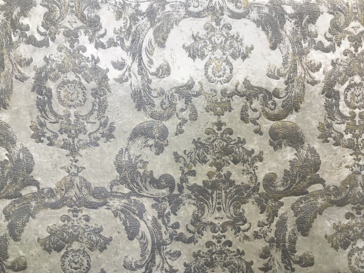 NEW! Antique Inspired Burnout Velvet Damask Fabric - White W/ Silver & Gray - Fancy Styles Fabric Boutique