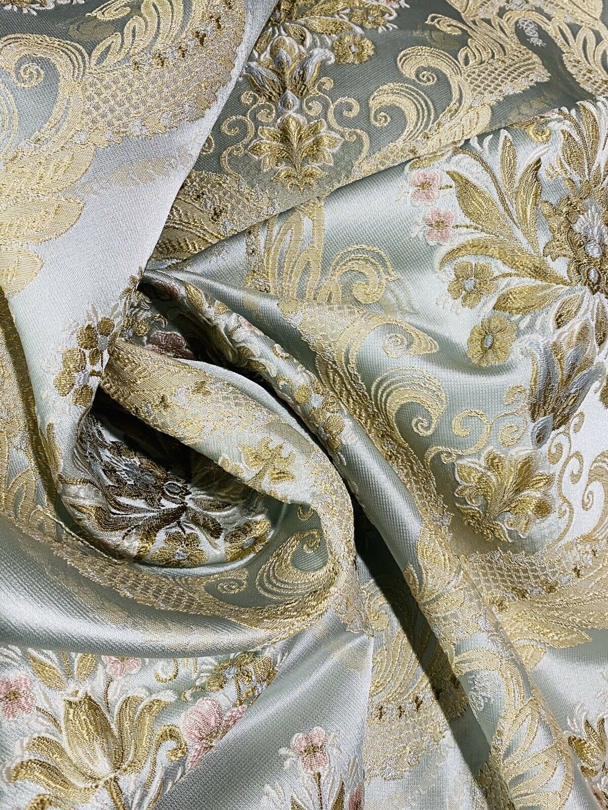 NEW Queen Antionette Novelty Ritz Neoclassical Brocade Damask Floral Satin Fabric - Louis Blue - Fancy Styles Fabric Pierre Frey Lee Jofa Brunschwig & Fils