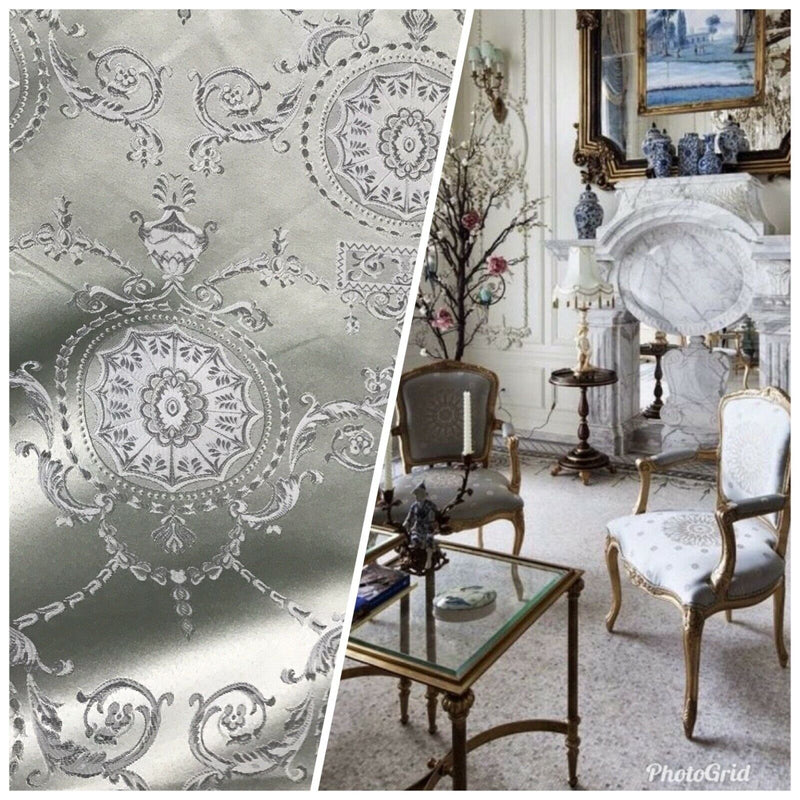 NEW SALE Neoclassical Brocade Satin Jacquard Upholstery Fabric- Louis Silver - Fancy Styles Fabric Pierre Frey Lee Jofa Brunschwig & Fils