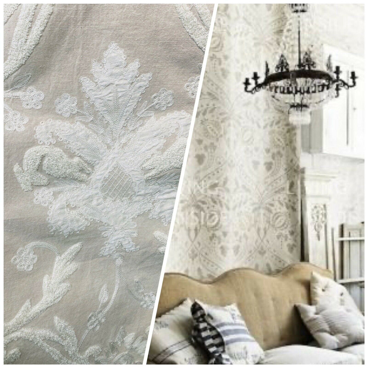 NEW! Lady Nora Novelty 100% Silk Fabric With Crewel Floral Embroidery- Ecru & White - Fancy Styles Fabric Pierre Frey Lee Jofa Brunschwig & Fils