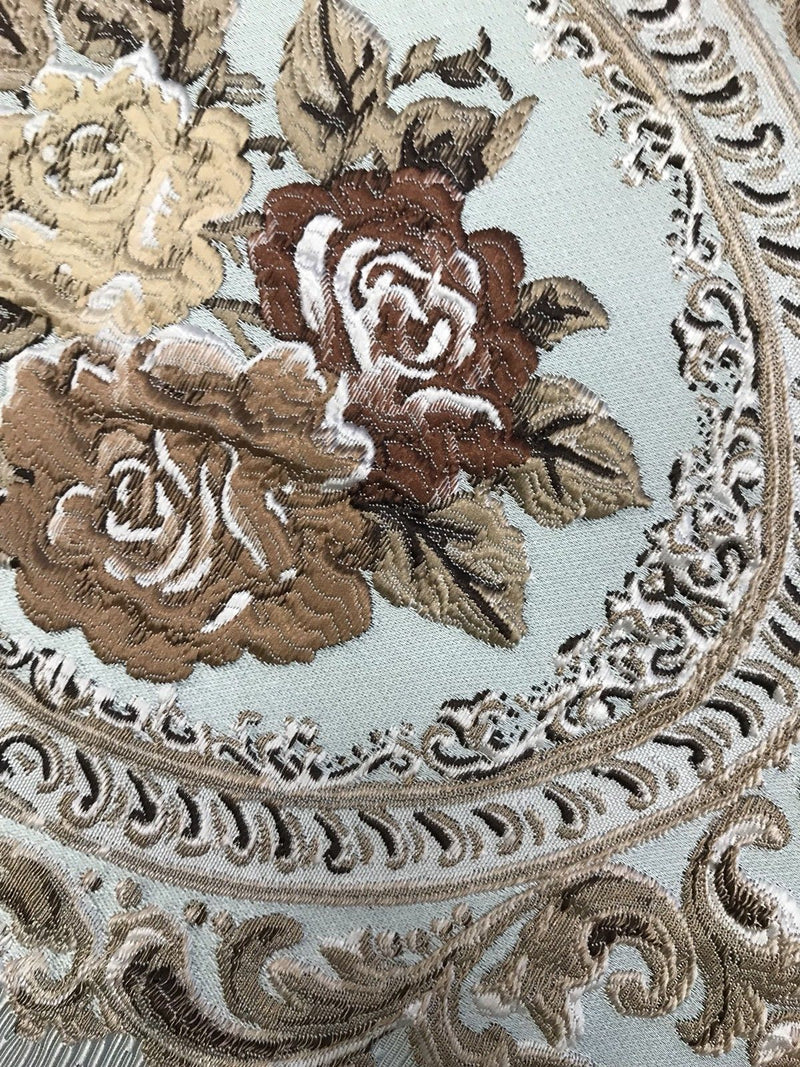 SWATCH Designer Brocade Satin Fabric- Antique Blue Taupe Roses Upholstery Damask - Fancy Styles Fabric Boutique