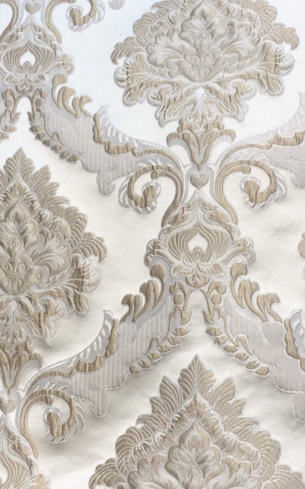 SWATCH Designer Brocade Satin Fabric - Taupe Ivory Floral Upholstery Damask - Fancy Styles Fabric Boutique
