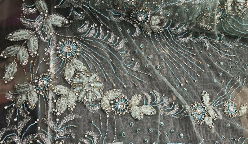 NEW Novelty Couture 100% Silk Floral Mesh Beaded Yarn Embroidered Fabric Tiffany BTY - Fancy Styles Fabric Pierre Frey Lee Jofa Brunschwig & Fils