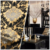 Queen Kathryn Designer Burnout Damask Cut Velvet Fabric Metallic Gold & Black Drapery - Fancy Styles Fabric Pierre Frey Lee Jofa Brunschwig & Fils