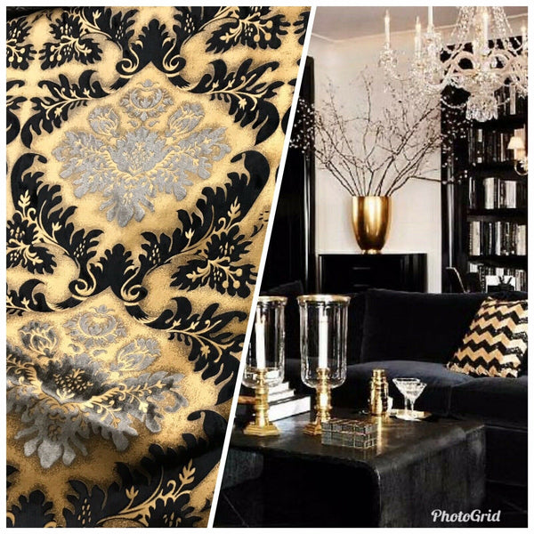 Queen Kathryn Designer Burnout Damask Cut Velvet Fabric Metallic Gold & Black Drapery - Fancy Styles Fabric Pierre Frey Lee Jofa Brunschwig & Fils