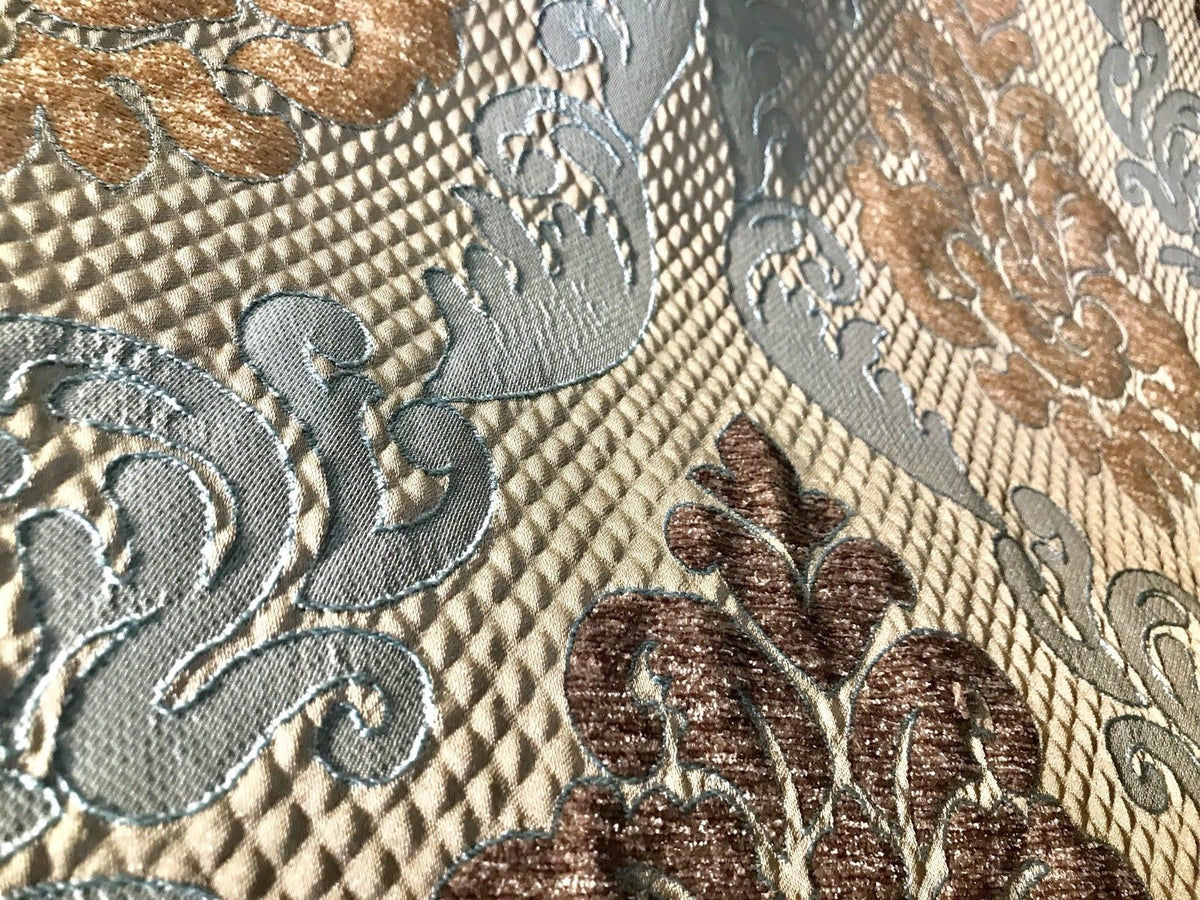 NEW Eggshell Blue-Brown Satin & Cut Chenille Velvet Brocade Upholstery Fabric - Fancy Styles Fabric Boutique