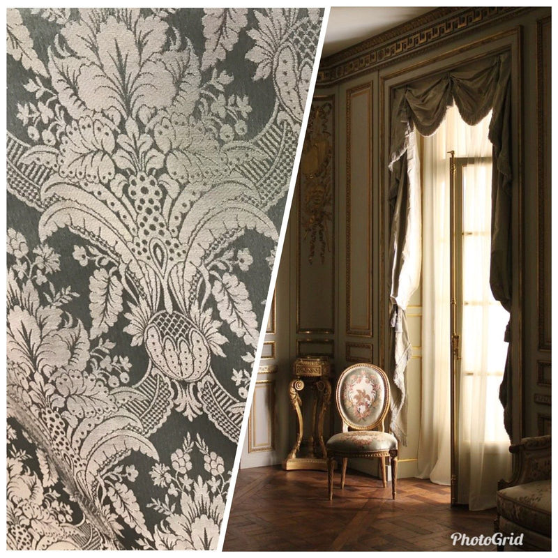 NEW! SALE! Designer Damask Satin Fabric- Antique Green - Upholstery Brocade - Fancy Styles Fabric Boutique