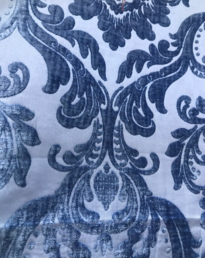 Queen Isabella Designer Damask Burnout Chenille Velvet Fabric - Jewel Blue BTY - Fancy Styles Fabric Pierre Frey Lee Jofa Brunschwig & Fils
