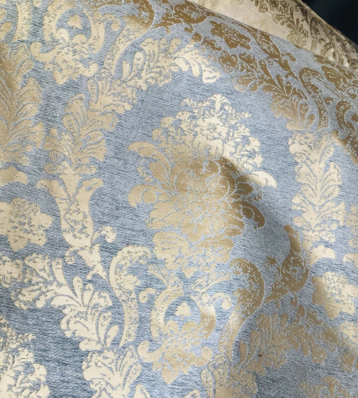 Lord Augustin Designer Velvet Chenille Burnout Damask Upholstery Fabric - Blue & Gold - Fancy Styles Fabric Pierre Frey Lee Jofa Brunschwig & Fils