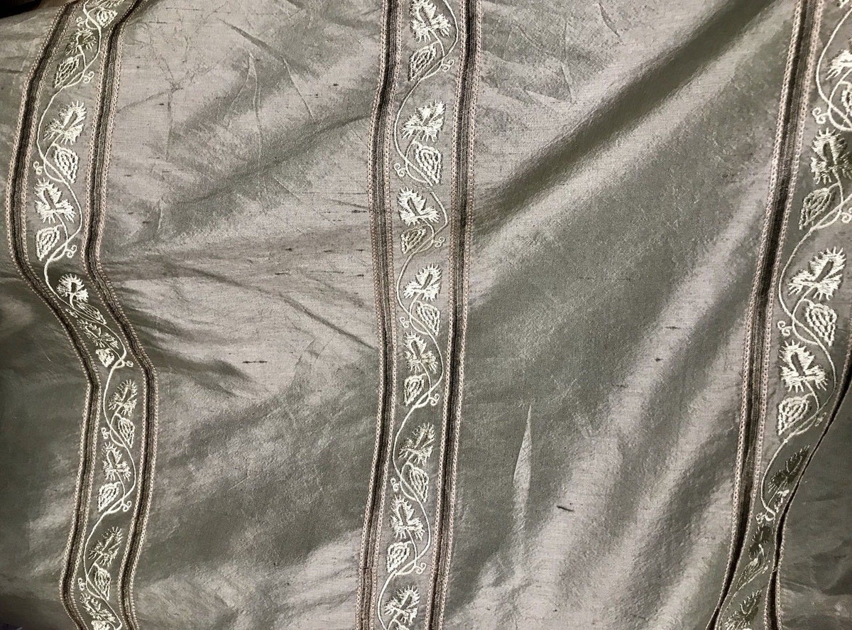 SALE! 100% Silk Taffeta Drapery Embroidery Fabric - Khaki Green Striped - Fancy Styles Fabric Boutique