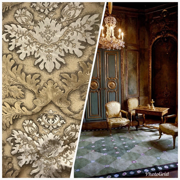 Designer Burnout Damask Cut Velvet Fabric Metallic Gold & Beige Drapery - Fancy Styles Fabric Pierre Frey Lee Jofa