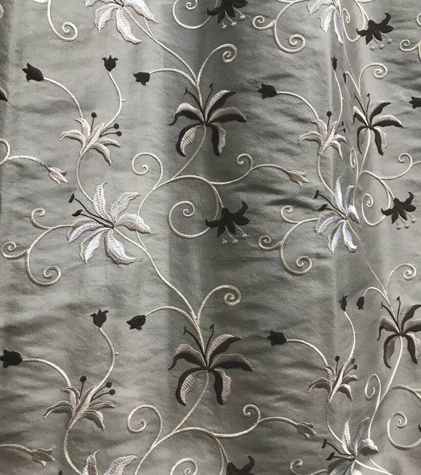 NEW! 100% Silk Embroidered Dupioni Taffeta Fabric - Floral Silver Gray Floral - Fancy Styles Fabric Pierre Frey Lee Jofa Brunschwig & Fils