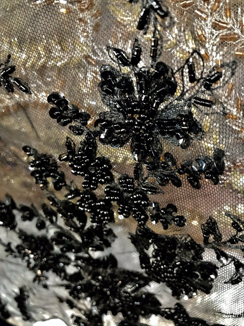 Beaded Black Pearl Scalloped Edges Wedding Lace Mesh Black Floral Fabric - Fancy Styles Fabric Pierre Frey Lee Jofa Brunschwig & Fils
