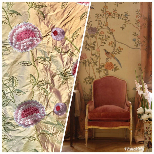 NEW! 1 Yard Remnant: Lady Achlynn Novelty 100% Silk Dupioni Embroidered Fabric - Made in India- Floral Pink - Fancy Styles Fabric Pierre Frey Lee Jofa Brunschwig & Fils