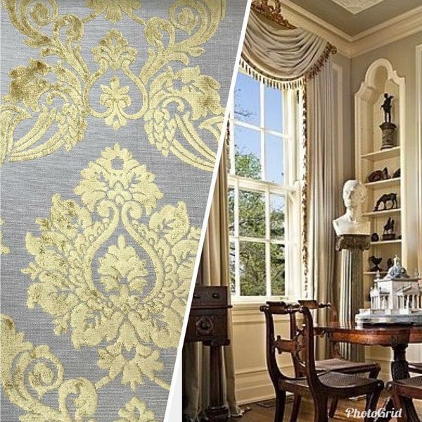 NEW Designer Velvet Chenille Burnout Fabric - Pale Gray And Yellow Upholstery - Fancy Styles Fabric Pierre Frey Lee Jofa Brunschwig & Fils