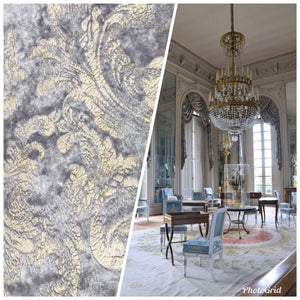 NEW! Burnout Antique Inspired Velvet Fabric Silver Lavender-Gray And Gold - Fancy Styles Fabric Pierre Frey Lee Jofa Brunschwig & Fils