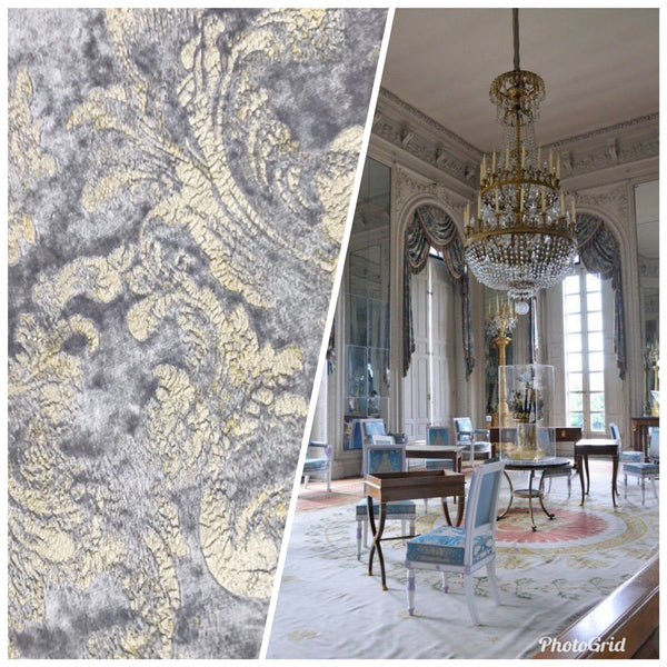 NEW! Burnout Antique Inspired Velvet Fabric Silver Lavender-Gray And Gold - Fancy Styles Fabric Pierre Frey Lee Jofa Brunschwig & Fils