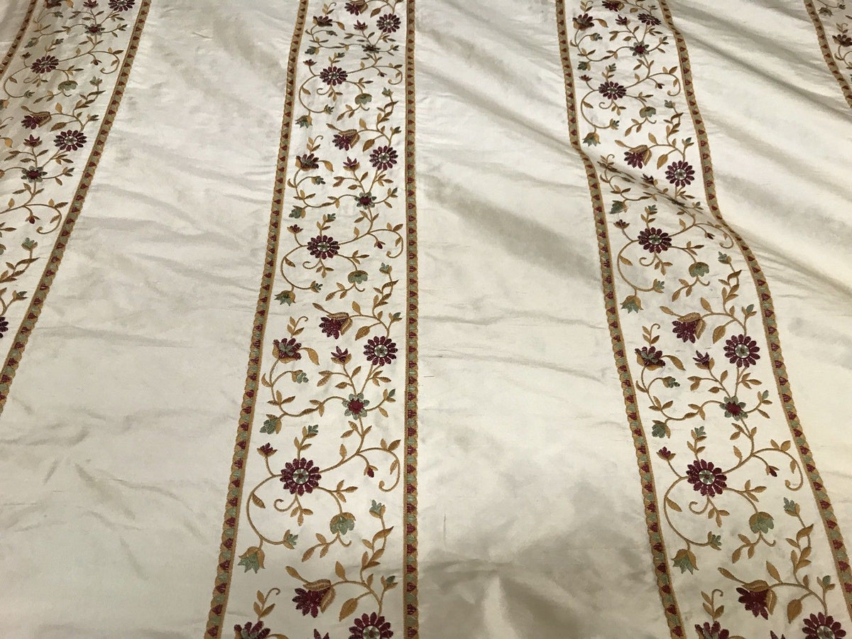 Designer 100% Silk Taffeta Embroidery Fabric - Antique Light Beige Floral - Fancy Styles Fabric Pierre Frey Lee Jofa