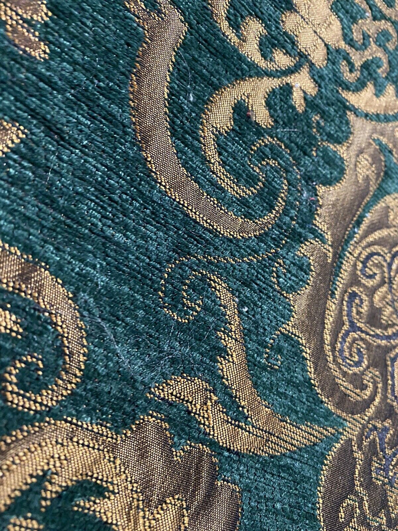 NEW Lady Emile Designer Damask Burnout Chenille Velvet Fabric - Green & Metallic Gold BTY - Fancy Styles Fabric Pierre Frey Lee Jofa Brunschwig & Fils