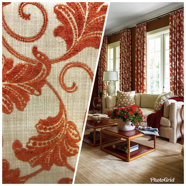 SWATCH 4” X 7” - Burnout Velvet Floral Upholstery Fabric- Burnt Orange Rust Red - Fancy Styles Fabric Pierre Frey Lee Jofa Brunschwig & Fils