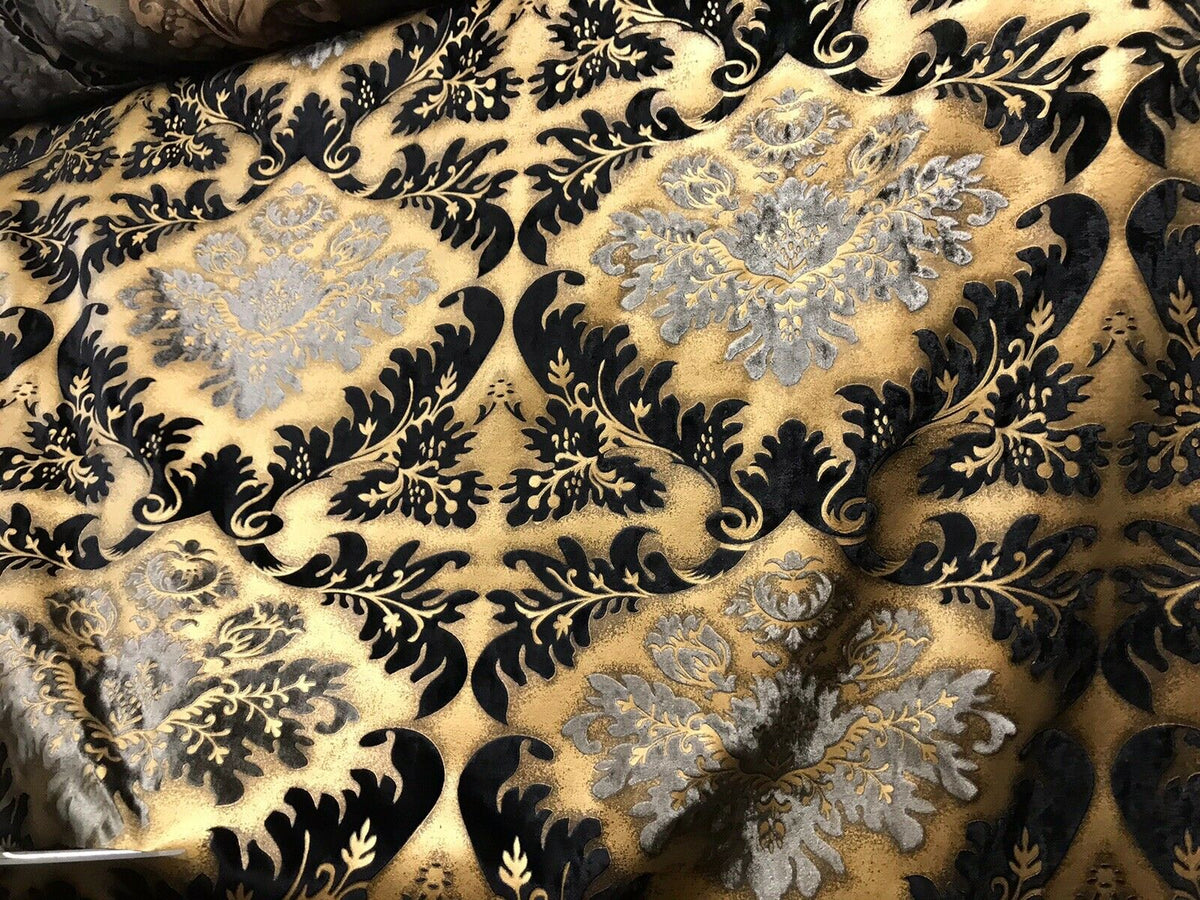 Queen Kathryn Designer Burnout Damask Cut Velvet Fabric Metallic Gold & Black Drapery - Fancy Styles Fabric Pierre Frey Lee Jofa Brunschwig & Fils