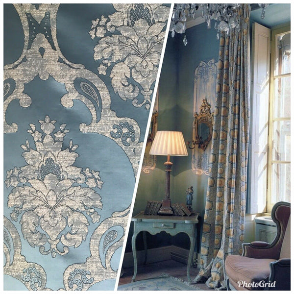 NEW Sir Darcey Designer Satin Burnout Damask Drapery Upholstery Fabric - Blue BTY - Fancy Styles Fabric Pierre Frey Lee Jofa Brunschwig & Fils