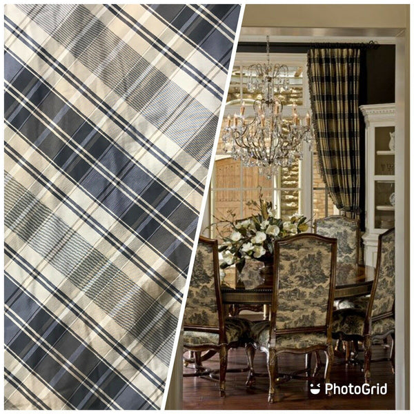 NEW Designer 100% Silk Taffeta Plaid Tartan Fabric- Black Taupe Cream - Fancy Styles Fabric Pierre Frey Lee Jofa Brunschwig & Fils
