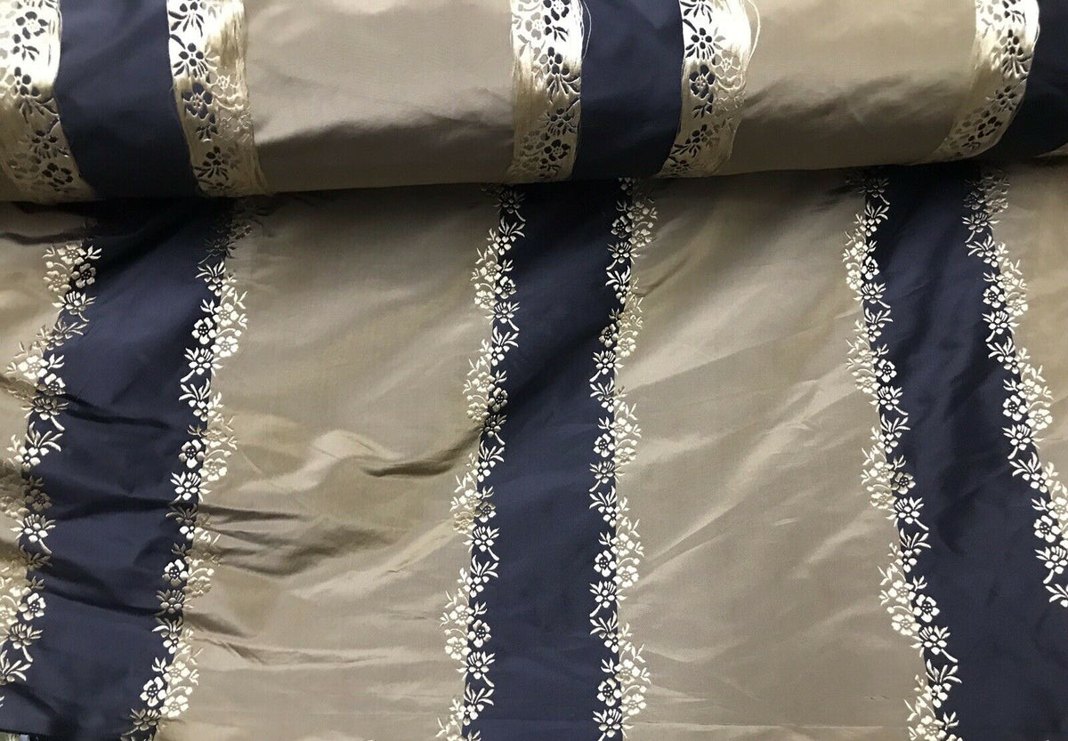 NEW! Lady Kristen 100% Silk Taffeta Embroidered Stripe Floral Fabric- Khaki Black Gold - Fancy Styles Fabric Pierre Frey Lee Jofa Brunschwig & Fils