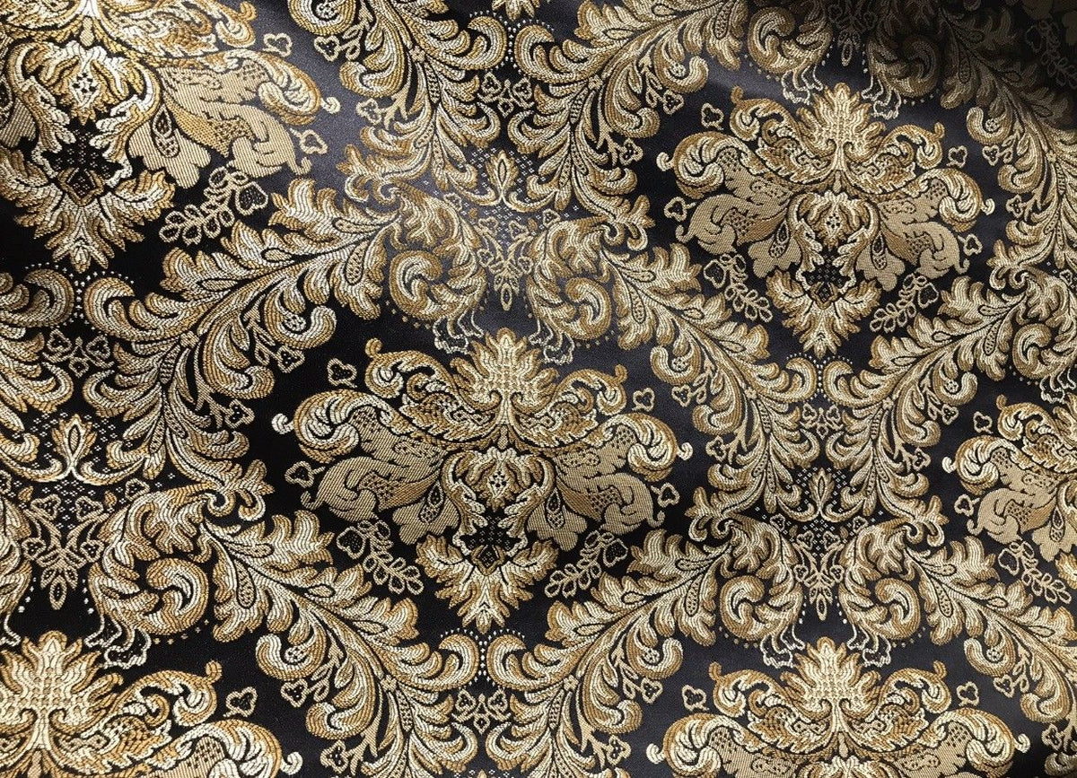 SWATCH 5” x 8” - Prince Liam Brocade Satin Jacquard Fabric- Black Gold- Upholstery Damask LLPBK0003 - Fancy Styles Fabric Pierre Frey Lee Jofa Brunschwig & Fils