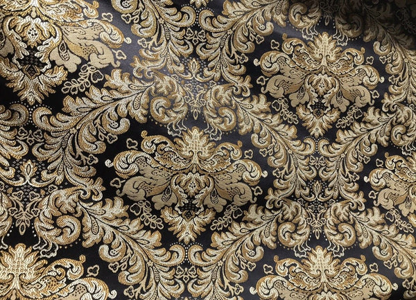 SWATCH 5” x 8” - Prince Liam Brocade Satin Jacquard Fabric- Black Gold- Upholstery Damask LLPBK0003 - Fancy Styles Fabric Pierre Frey Lee Jofa Brunschwig & Fils