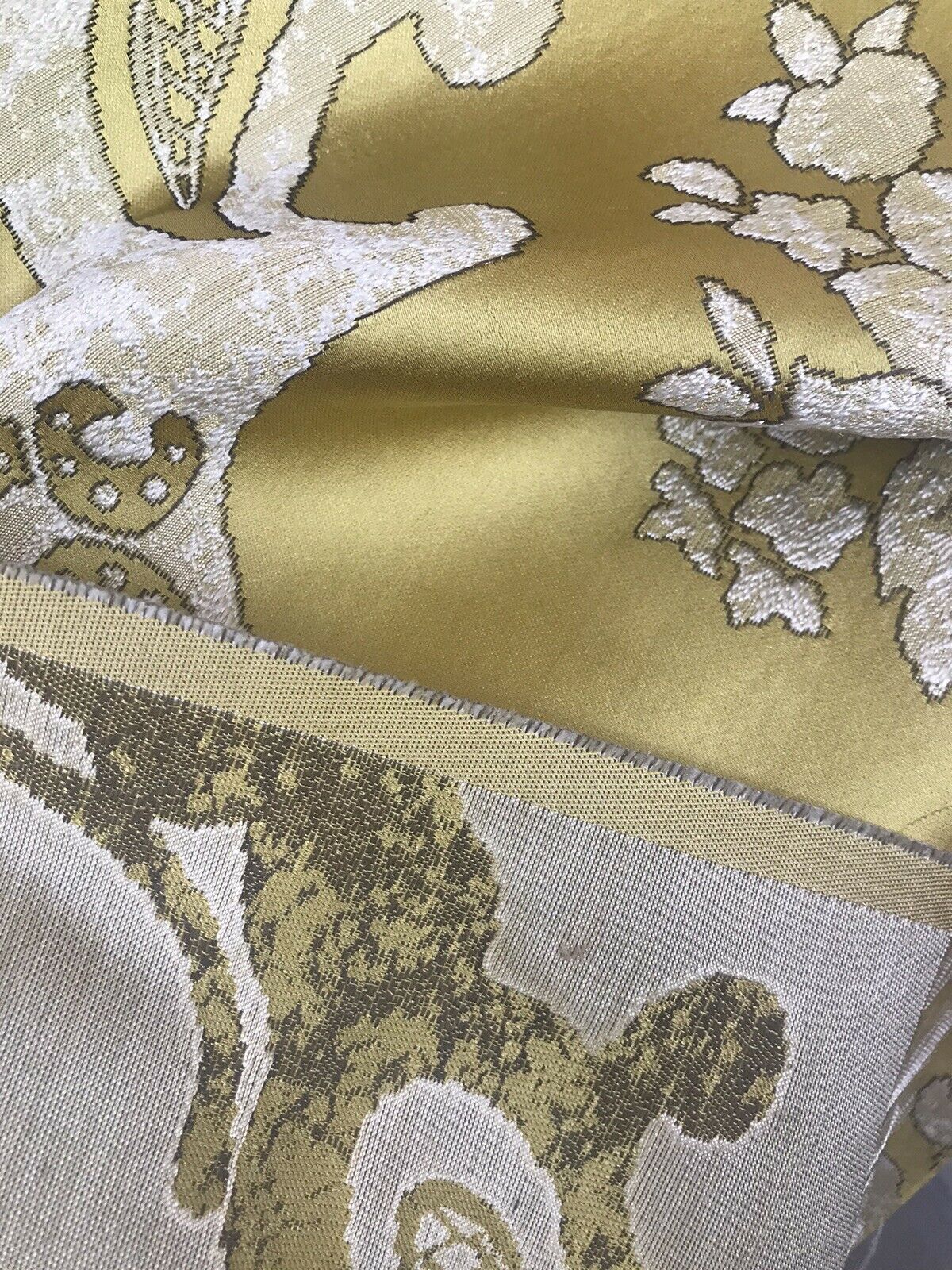 NEW Sir Darcey Designer Satin Burnout Damask Drapery Upholstery Fabric *Gold Yellow BTY - Fancy Styles Fabric Pierre Frey Lee Jofa Brunschwig & Fils