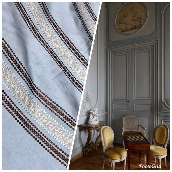 Sir Bradley Designer Brocade Satin Fabric- Pale Blue, Brown, Gold Stripes Neoclassical G1 - Fancy Styles Fabric Pierre Frey Lee Jofa Brunschwig & Fils