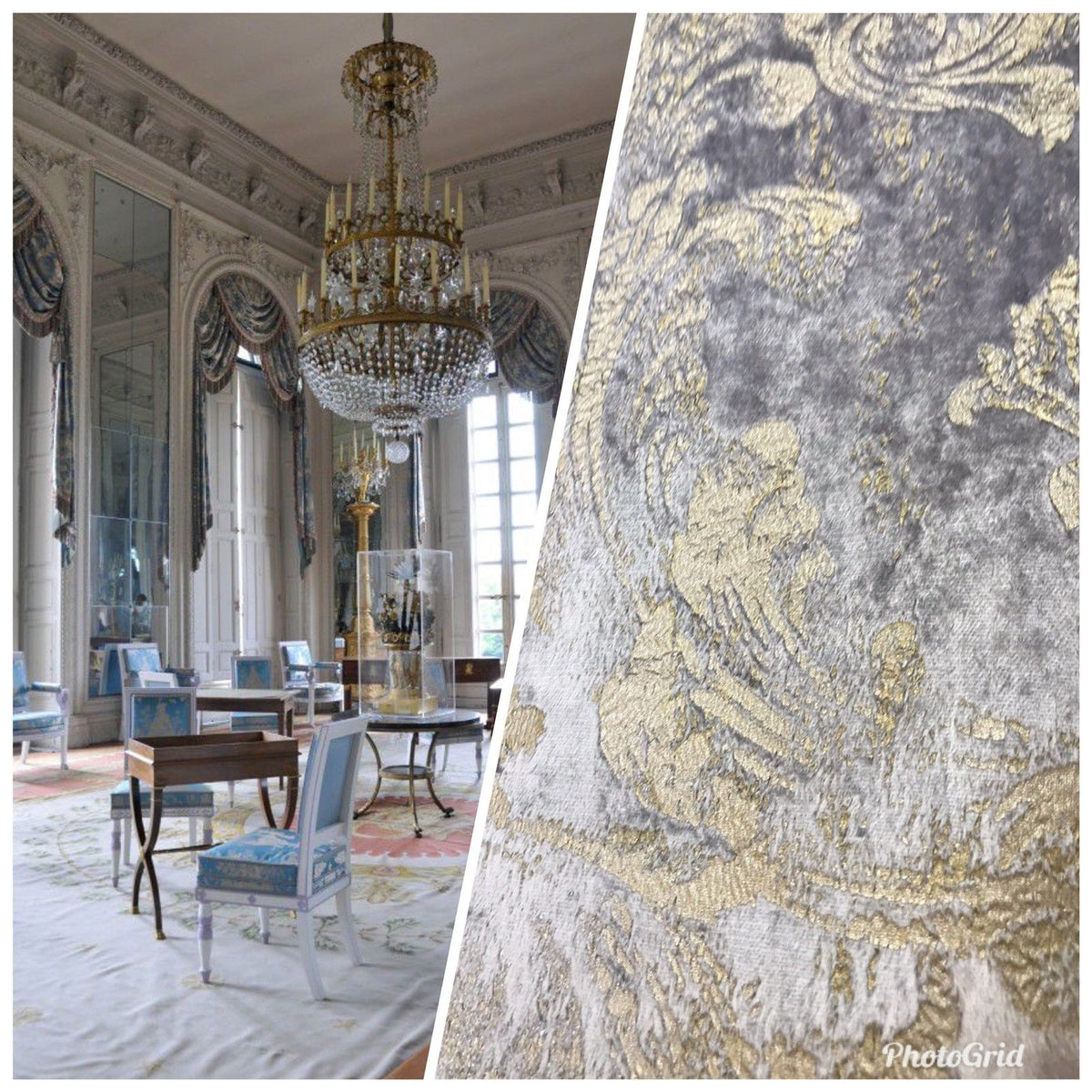 NEW! Burnout Antique Inspired Velvet Fabric Silver Lavender-Gray And Gold - Fancy Styles Fabric Pierre Frey Lee Jofa Brunschwig & Fils