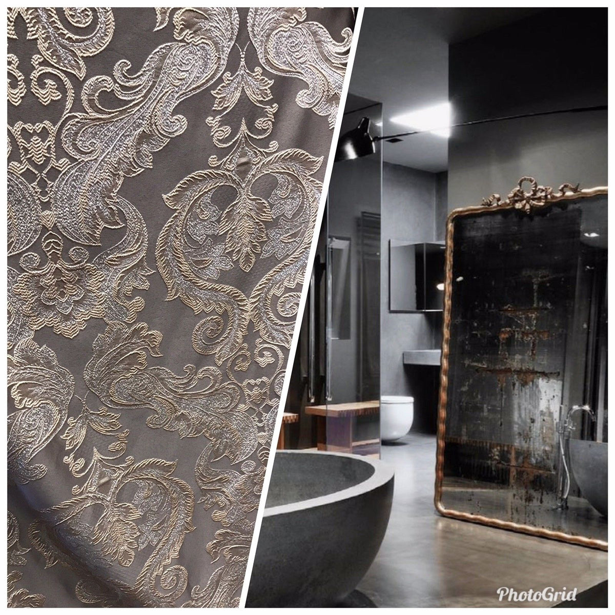 SWATCH 8” x 8” Sample- Designer Brocade Satin Fabric- Gray Silver Gold - Damask - Fancy Styles Fabric Pierre Frey Lee Jofa Brunschwig & Fils